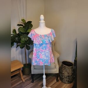 Lilly Pulitzer La Fortuna Top in the Pattern Blue Peri Viva La Lilly (Size XL)